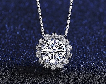 Round Moissanite Diamond Halo Pendant Necklace, 925 Silver Pendant Necklace, Wedding Anniversary Gift Pendant, Handmade Pendant Necklace