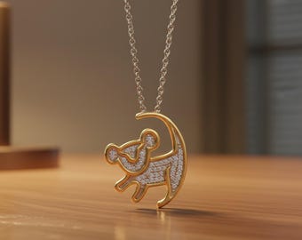 The Lion King Pendant Necklace, Round Moissanite Diamond Simba Necklace, Two Tone Cartoon Character Necklace, Men-Women's Animal Necklace