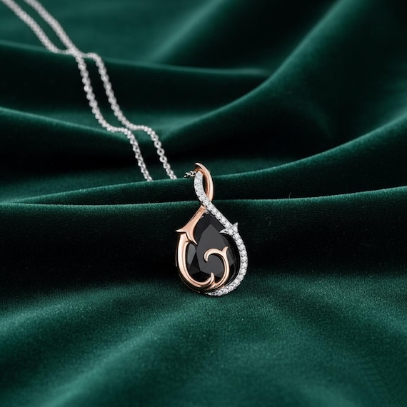 10K Rose Gold Black Spinel Maleficent Pendant Necklace, Onyx Pear