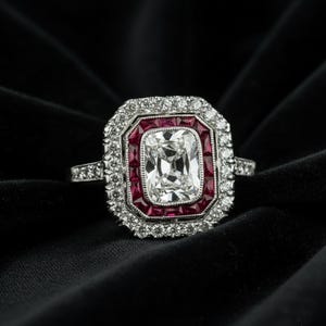 Double Halo Vintage Style Wedding Ring, Cushion Cut CZ Stone Art Deco Engagement Ring, Milgrain Set Women's Ring, Ruby Gemstone Ring For Her