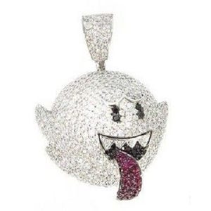 May include: A silver pendant in the shape of a cartoon ghost with a long, red tongue. The pendant is covered in small, sparkling stones, with black stones for the eyes and mouth.