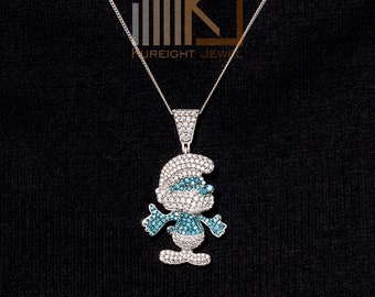 Men Cartoon Inspired papa Smurf Pendant 925 Sterling Silver Pave