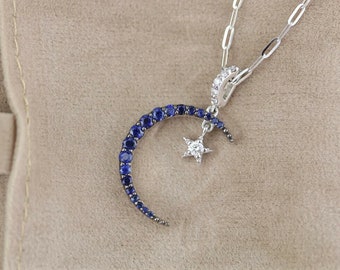 Blue Sapphire Crescent Moon Pendant, Unique Star Moon Charm Pendant, Round Cut CZ Diamond Wedding Pendant, Woman's Engagement Gift Pendant