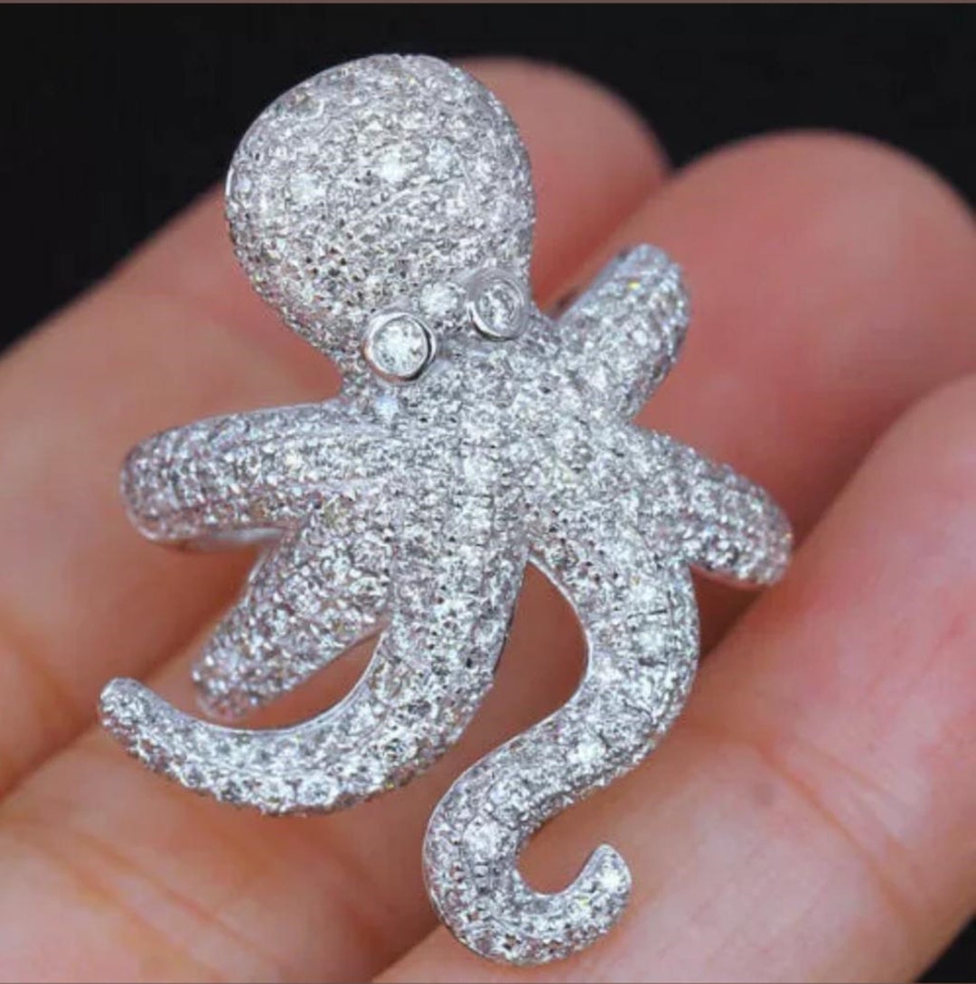 Diamond Octopus Ring, Aquatic Animal Inspire Ring, Pave Set Round Cut ...