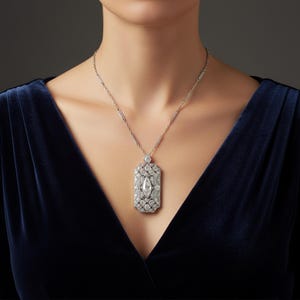 Circa 1910&#39;s Art Deco Pendant, Round Moissanite Diamond Edwardian Pendant Necklace, Woman&#39;s Party Wear Pendant Necklace, Wedding Necklace