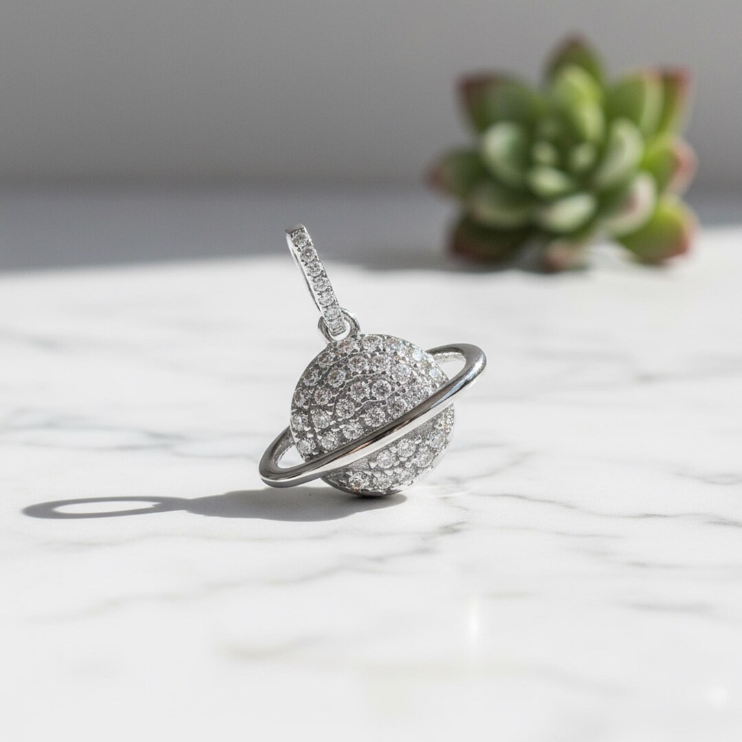 Planet Pendant, Round Moissanite Diamond Galaxy Charm Pendant, 14K ...