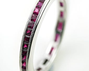 Full Eternity Gemstone Band, Pink Princess CZ Stone Stackable Band Ring, Milgran Channel Set Wedding Band For Women, Thin Engagement Band
