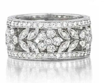 Floral Inspire Art Deco Wedding Band, Round Cut Moissanite Diamond Band, Vintage Inspire Full Eternity Band, Leaf Inspire Women's Band