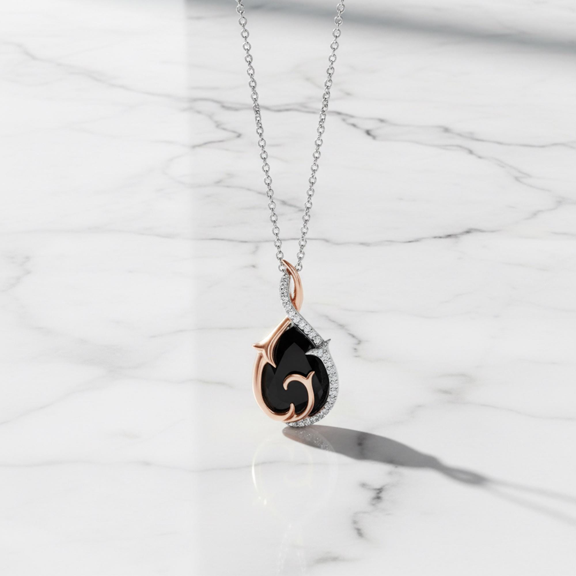 10K Rose Gold Black Spinel Maleficent Pendant Necklace, Onyx Pear