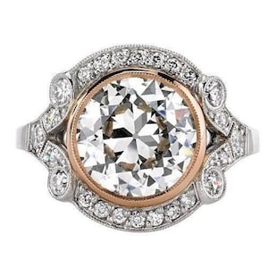 Old European Cut Moissanite Diamond Ring, Art Deco Wedding Ring, Two Tone Milgrain Bezel Set Vintage Inspire Ring, Valentine&#39;s Gift