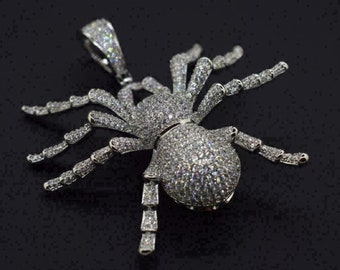 Men's Or Woman's Spider Pendant, Unisex Hip Hop Spider Pendant, Pave Set Round Moissanite Diamond Pendant, 925 Silver Insect Charm Pendant