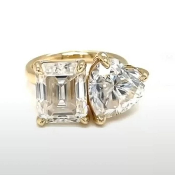 Heart And Emerald Cut Moissanite Diamond Ring, Toi Et Moi Ring, Anniversary Gift Ring, 10K/14K/18K Gold Ring, Woman's Ring, Engagement Ring