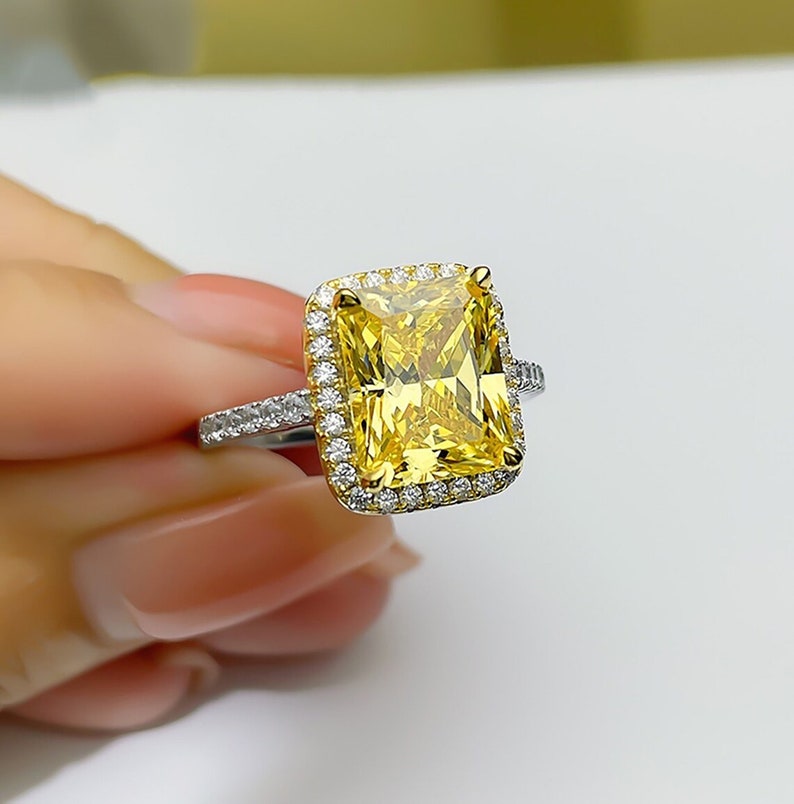 Yellow Radiant & Round Cut CZ Stone Ring, Wedding Proposal Ring, Halo Engagement Ring, Anniversary Gift Ring, Woman's Ring, 14K Gold Ring image 3