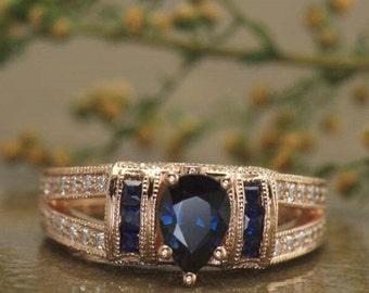 Sapphire Pear Cut CZ stenen ring, huwelijksvoorstel ring, verlovingsring van de edelsteen, verjaardag cadeau ring, 14K gouden ring, belofte ring voor haar