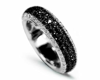 1.48 TCW Black & White Round Moissanite Diamond Band, Full Eternity Wedding Band, Micro Pave Set Anniversary Band, Woman's Stackable Band