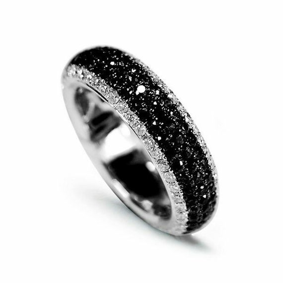 1.48 TCW Black & White Round Moissanite Diamond Band, Full Eternity Wedding Band, Micro Pave Set Anniversary Band, Woman's Stackable Band