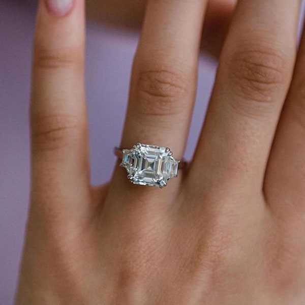 Three Stone Ring, Asscher Cut CZ Stone Ring, Wedding Proposal Ring, Anniversary Gift Ring, Birthday Gift Ring, 14K Gold Ring, Woman's Ring