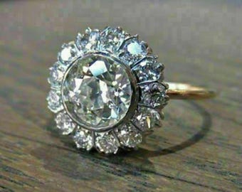Edwardian Cluster Floral Motif Ring, Antique Old European Cut Moissanite Diamond Halo Ring, Victorian Engagement Wedding Ring, Fine Jewelry