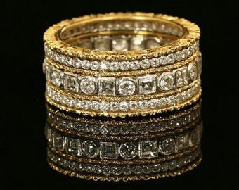 14K Gold Engagement Band, Princess & Round Cut Moissanite Diamond Eternity Band, Two Tone Gold Wedding Band, Three Row Diamond Band For Her