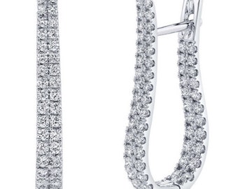 Inside Outside Diamond Hoops, U Shape Double Row Hoop Earring, Round Cut Moissanite Diamond Huggie Hoop Earring, English Lock Hoop Earring