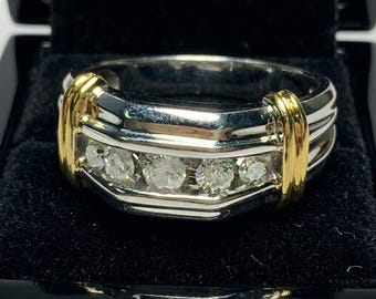 Tweekleurige gouden trouwring, verlovingsring heren, kanaalset rond geslepen Moissanite diamanten jubileumring, 10k geelgouden ring voor hem