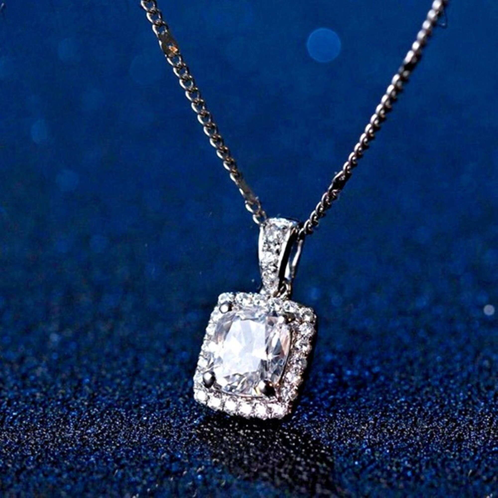 Cushion Cut Moissanite Diamond Halo Set Pendant, Gold or Silver