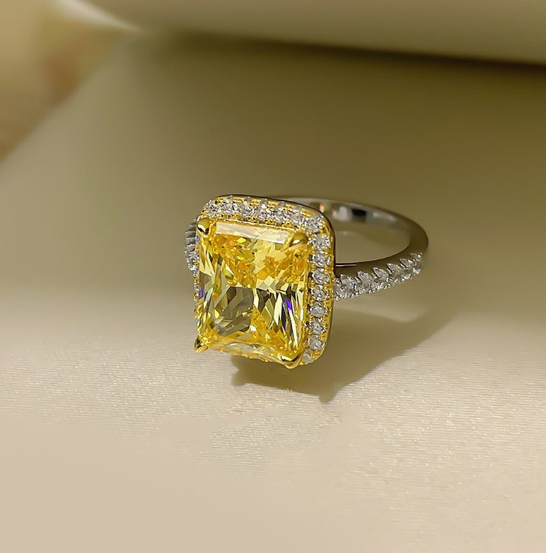 Yellow Radiant & Round Cut CZ Stone Ring, Wedding Proposal Ring, Halo Engagement Ring, Anniversary Gift Ring, Woman's Ring, 14K Gold Ring image 4