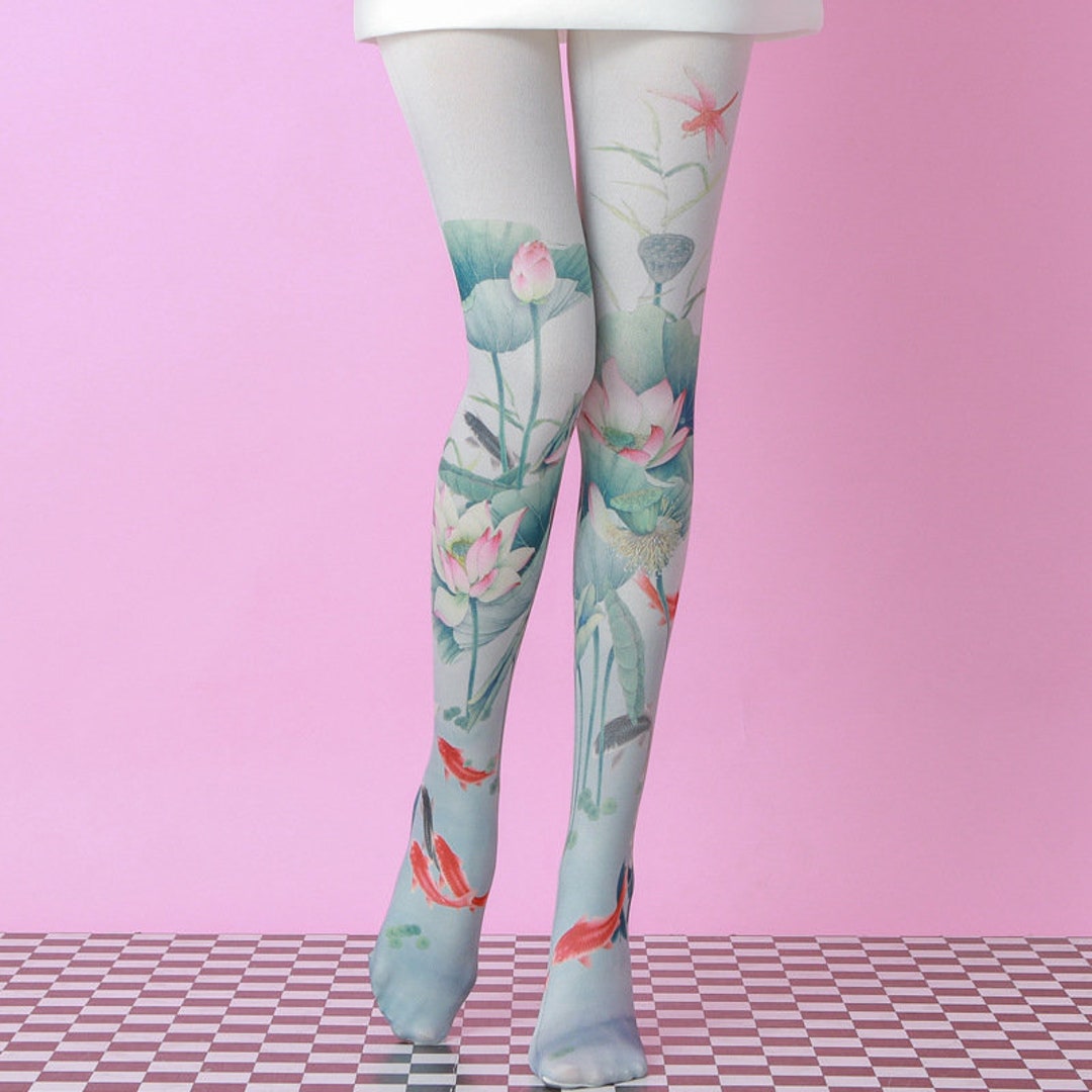Chinoiserie Tights Vintage Tights Lotus Patterned Pantyhose Etsy UK