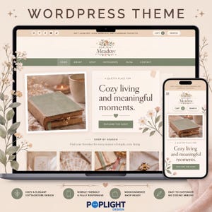 May include: A WordPress theme display featuring a laptop and smartphone showing a website titled Poplight Meadow. The design uses a beige and sage green color palette with floral illustrations, a book image, and text reading Cozy living and meaningful moments.