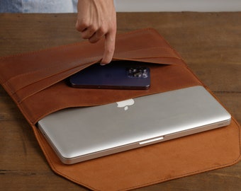 Laptop sleeve with hand strap, leather computer sleeve