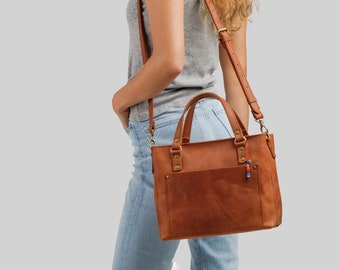 Small leather tote bag / laptop briefcase leather / large computer bag for women / office leather bag