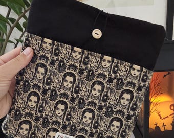 Spooky book sleeve, Wednesday Addams padded ebook or Ipad protector cover.