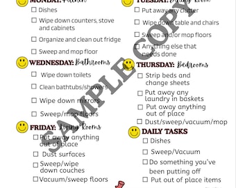 May include: A white cleaning checklist titled "ADHD Friendly Cleaning Checklist" with daily and weekly tasks. The checklist includes tasks for the kitchen, dining room, bathrooms, bedrooms, and living rooms. A notes section is at the bottom.