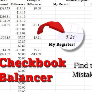 Puede incluir: Una hoja de cálculo digital para un equilibrador de chequera con columnas para fecha, registro, banco y diferencia. El texto Checkbook Balancer y Find the Mistakes! aparece en rojo y negro. Una flecha roja apunta a un círculo con 5 21 My Register!