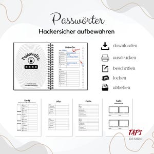 Password book PDF file, password list A4, fillable PDF, digital download, password list to print, security, password planner
