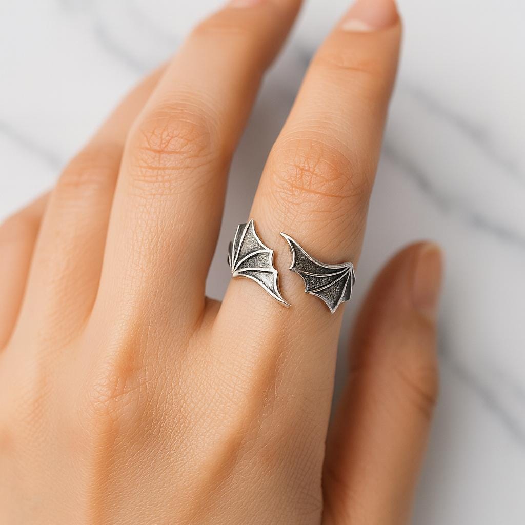 HOOUN 925 Sterling Silver Plated Shinny Angel Devil Wing Heart Feather Ring Gift Devil