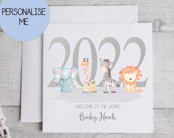 New baby card | 2022 Personalised Welcome to the World Baby card | New Baby Card | Jungle/Safari Animals | New Baby Card