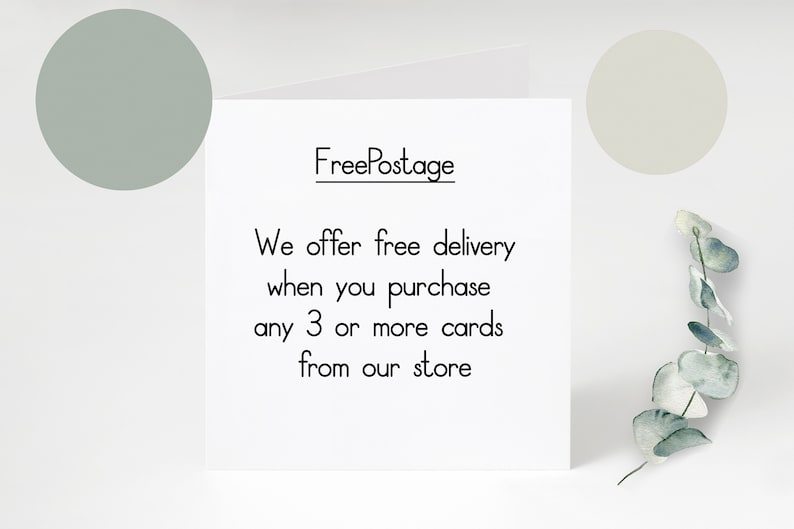 May include: White card with black text that reads "FreePostage" and "We offer free delivery when you purchase any 3 or more cards from our store".