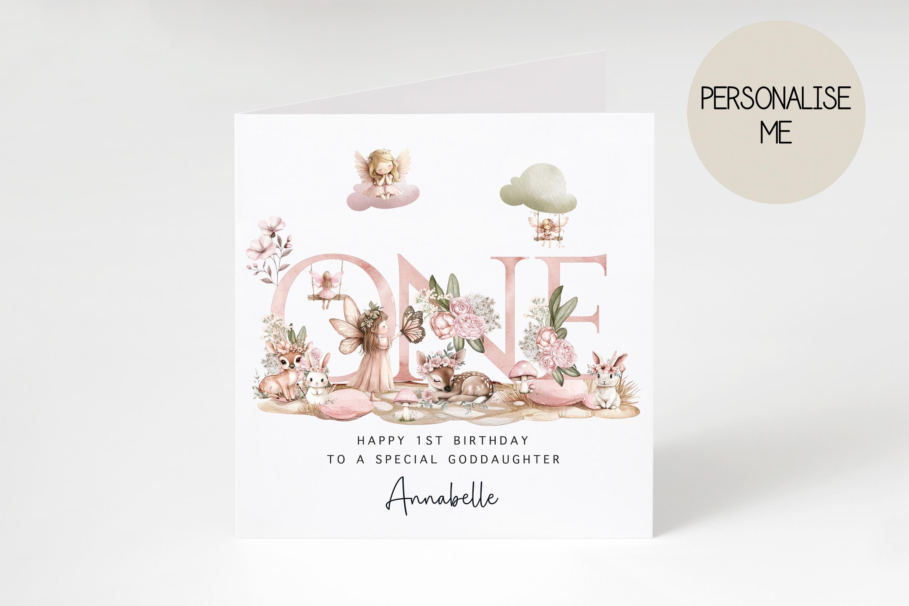 Personalised Fairy 1st Birthday Card for Goddaughter, Pastel Name Card ...