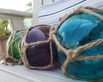 5&quot; Glass Fishing Floats On Rope - Fish Net Buoy Ball - Nautical Decor - Blue, Green, Purple w/ Jute Rope Netting - Garden, Beach