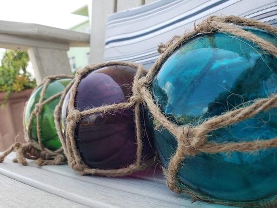 4 Glass Fishing Floats on Rope Fish Net Buoy Ball Nautical Decor Blue,  Green, Purple W/ Jute Rope Netting Garden, Beach 