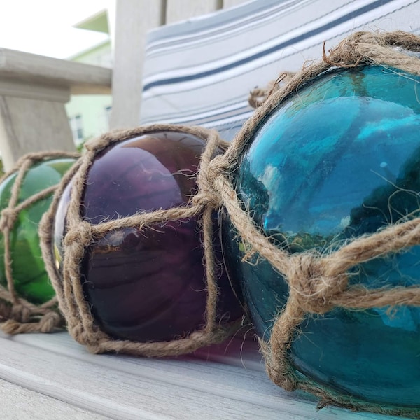 5" Glass Fishing Floats On Rope - Fish Net Buoy Ball - Nautical Decor - Blue, Green, Purple w/ Jute Rope Netting - Garden, Beach