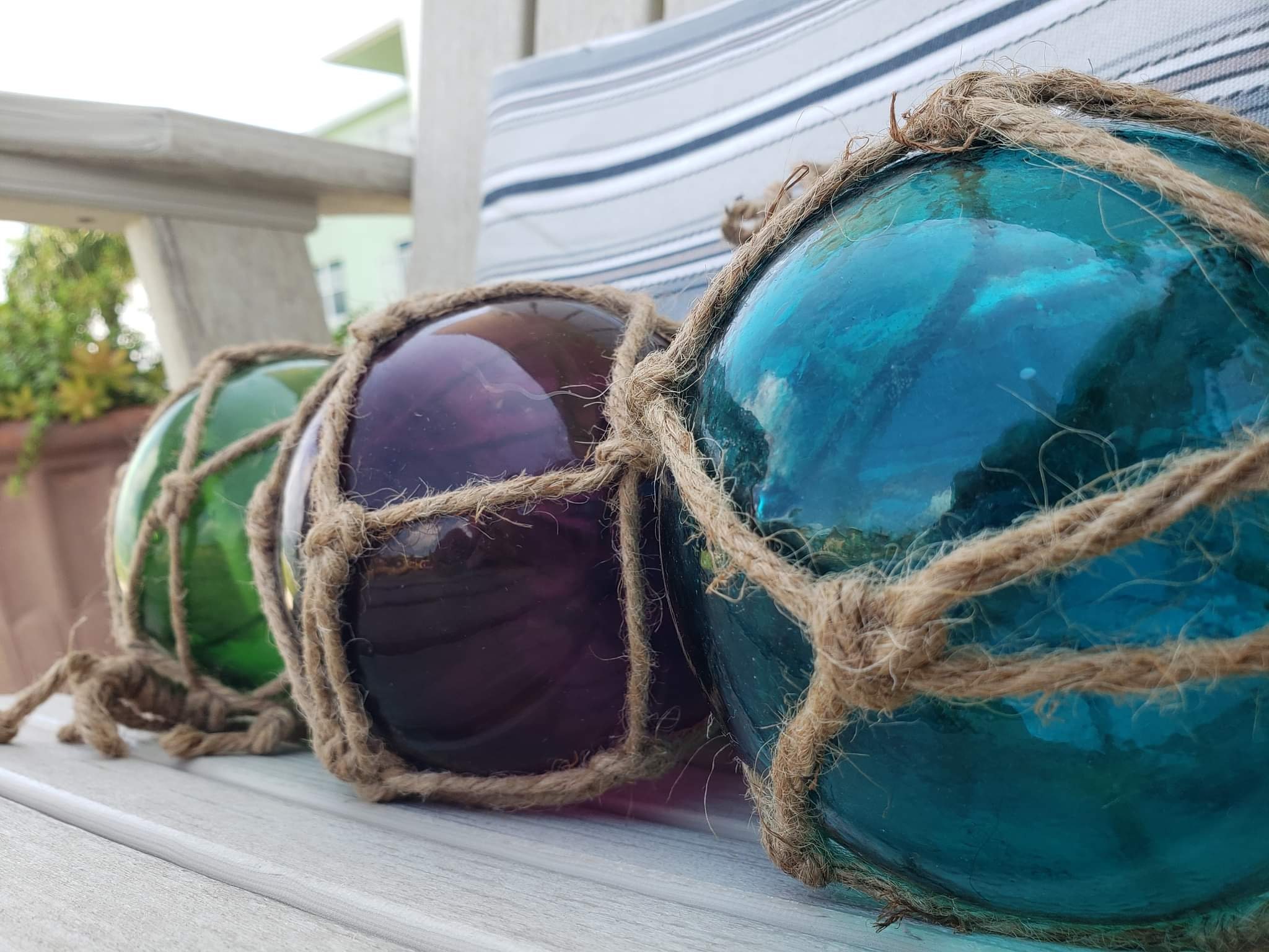 5 Glass Fishing Floats on Rope Fish Net Buoy Ball Nautical Decor Blue,  Green, Purple W/ Jute Rope Netting Garden, Beach 