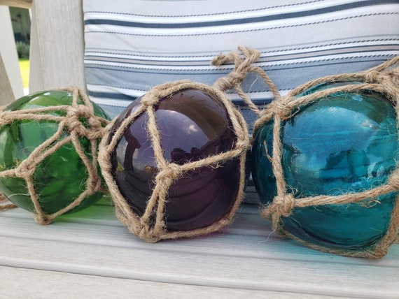 5 Glass Fishing Floats on Rope Fish Net Buoy Ball Nautical Decor Blue,  Green, Purple W/ Jute Rope Netting Garden, Beach 