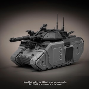 May include: A grey plastic model tank featuring a rotating turret, a main cannon, and secondary weapon mounts. The model includes antennas and detailed track segments. Text on the image reads: Assembled model for illustration purposes only. Only light grey pieces are included.