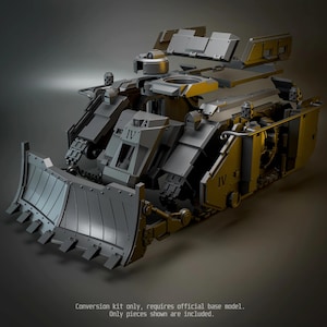 May include: A grey plastic model tank conversion kit featuring a large front dozer blade, side armour panels, and the Roman numeral IV printed on the front and side. The text at the bottom reads: Conversion kit only, requires official base model. Only pieces shown are included.