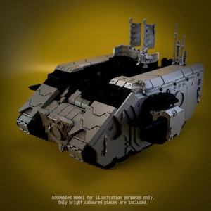 May include: A light grey plastic model tank featuring a modular armoured hull, side-mounted weapon ports, and vertical flag-like attachments on the rear deck. The text at the bottom reads: Assembled model for illustration purposes only. Only bright coloured pieces are included.