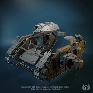 May include: A grey plastic model tank conversion kit featuring a turret, side panels, and track sections. The kit includes various modular components for assembly. Text at the bottom reads: Conversion kit only, requires official base model.