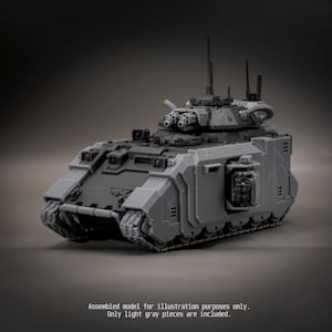 May include: A light grey plastic model tank featuring a turret with dual cannons, multiple antennas, and side-mounted weapon systems. The text on the image reads: Assembled model for illustration purposes only. Only light grey pieces are included.