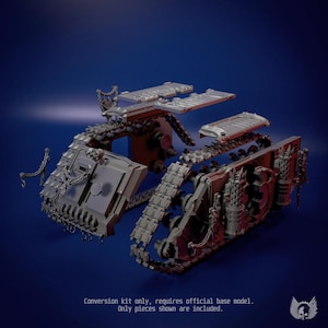 May include: A grey plastic miniature tank conversion kit featuring detailed armour plating, spiked exhaust pipes, and chain-link decorative elements. The kit includes separate track sections and top panels. Text reads: Conversion kit only, requires official base model. Only pieces shown are included.